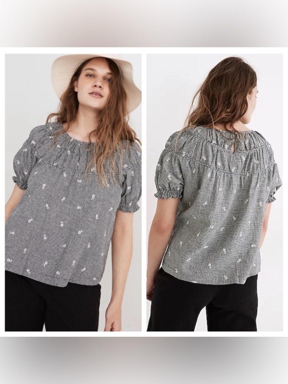 madewell embroidered gingham shirted puff-sleeve top